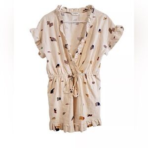 STORIA Romper Cream Multi Color Ruffle Trim Drawstring Tie Rayon Size S